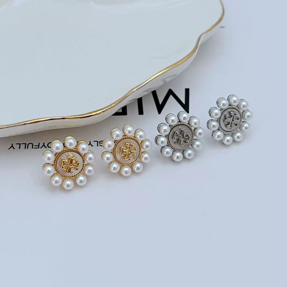 Tory Burch Seed Pearl Round Metal Stud Earrings